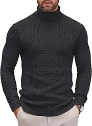 [COOFANDY] Men's Slim Fit Turtleneck Sweater Casual Knitted Twisted Pullover Solid Sweaters, Dark Gray, Medium
