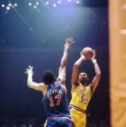 finals Los Angeles Lakers Wilt Chamberlain in action taking shot v- Old Photo 1