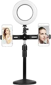 6 Inch Video Ring Light Lamp Dimmable 3 Lig ng Modes USB Powered with Dual Phone Holder Bracket Desktop Light Stand for Live Streaming Selfie Facial Makeup Black One Size
