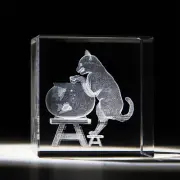 NEW Kitty Cat & Fish Bowl 3D Crystal Cube Paperweight Laser Engraved 2 in.