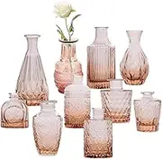 Glass Bud Vase Set of 10 Pcs,Small Clear Bud Vases for Wedding Decor,Home Table Floral Arrangements,Centerpiece Tiny Carved Vases,Cute Miniature Retro Vases(Amber)