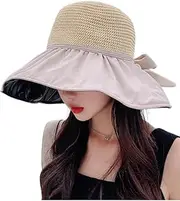 [Generic] Women Sun Hat Wide Brim Floppy Bucket Hat Fashion Visor Summer Beach Hat Vocation Travel Foldable Cap Bowknot