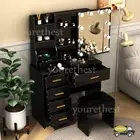 Black Dressing Table Stool Set Makeup Desk With LED Mirror 6 Drawer Vanity Table