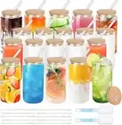 Drinking Glasses with Bamboo Lids and Glass Straw Beer Can Glasses 16oz Iced
