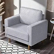 Furb Armchair - Grey Fabric Lounge Chair, Linen Reading Chair with Cushions, Armchair Sofa for Living Room, Bedroom (Brown Wood Legs)