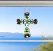 Suncatcher Window Panel Victorian Design Cross Stained Glass in Greens and Blues