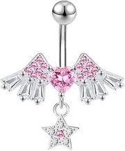 [Niaspi] 14G Pink CZ Heart Wing Star Dangle Belly Button Rings for Women Hypoallergenic 316L Surgical Steel Belly Piercing Jewelry Dainty Navel Curved Barbell Navel Piercing Jewelry 3/8"