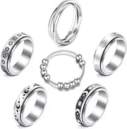 MUCAL Fidget Rings for Anxiety 8pcs Stainless Steel Spinner Ring Anti Anxiety Ring Spinning Moon Star Cool Stress Relieveing Rings for Women Men, 7, Stainless Steel, stainless steel