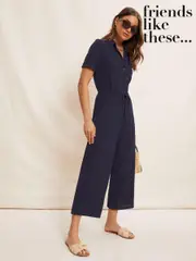 Friends Like These Navy Jersey Short Sleeve Button Up Wide Leg Jumpsuit (P67300) | $74