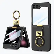 Leather Case for Samsung Galaxy Z Flip5 with Ring,Galaxy Z Flip5 Cover with Z Ring & HD Small Screen Film,Military Grade All-Inclusive Protection Case with Electroplated Ring Stand