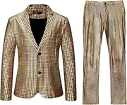 [JEShifangjiusu] Mens 2 Button Shiny Sequin Blazer Tuxedo Party Dinner Prom Suit Set with Pants, Gold, M
