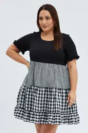 Black Check Mini Dress Short Sleeve Tiered