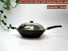 Chinese Style Single Handle Cast Irom Flat Bottom Wok with Stainless Steel Lid