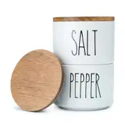Heartland Home Ceramic Salt and Pepper Cellar Set with Acacia Wood Lid (White)