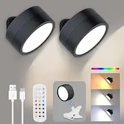 Wall Lights 2 Pack, LED Wall Sconces with Remote, USB Rechargeable Wall Mounted Lights, Wireless Wall Lights, 16 Colors LED Wall Sconces Dimmable, Cordless Wall Mount Lamp for Picture (Medium)