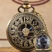 Bronze Pocket Watch Skull Poker Half Hunter Case Quartz Movement FOB Chain Gift