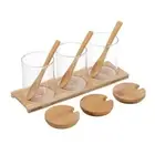 6pcs Glass Spice Jar Set Bamboo Tray With Serving Spoon Kitchen Pantry Organiser