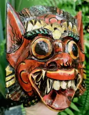 Barong Wall Mask Wooden Lion Hanging Singh Decor Sculpture Red Carved Painted