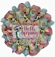 Hello Spring Floral Rain boots Pastel Wreath Handmade Deco Mesh