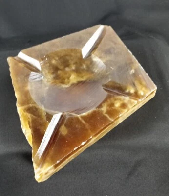 UNEVEN CUT AMBER MARBLE 4 CIGARETTE ASH TRAY, CIGAR ASH TRAY UNBRANDED