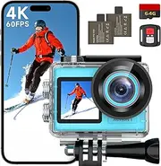 syndesmos Action Camera 4K 60FPS, Dual Touch Screen, 40M Ultra HD Underwater Camera, 30MP EIS Anti-Shake WiFi Action Cam with 64GB Card, Remote Control, Waterproof Case (Blue)