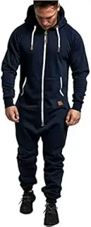 [YTFZ] Onesie Men Jumpsuit Sleeping Clothes Zipped Up Men One Pieces Hooded Jum Psuit Solid Long Sleeve Winter Warm Adult Onesie Navy Blue-XL