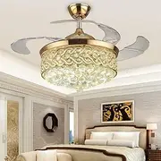 Reversible Retractable Ceiling Fans with LED Light and Remote Control, 42" Invisible Ceiling Fan Chandelier with 4 Clear ABS Blade, Livingroom Fandelier Indoor Crystal Ceiling Light with Fans (Gold)