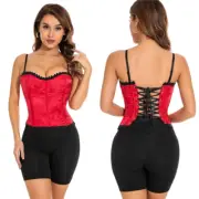 Sexy Satin Cotton Brocade Corset Lace Up Back Wired Boned Floral Rose Red Darque