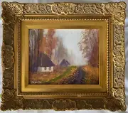 Original Oil impressionist painting- Cottages in Autumn -ornate gold frame