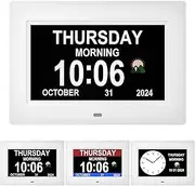 7 Inch Digital Clock with Day and Date for Elderly Alzheimer's Dementia Clock Customizable Alarms and Medicine Reminders 3 Display Modes Large Font Digital Alarm Clock for Seniors (White)