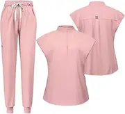 [Meichoon] Women's Medical Scrubs Separate Set Stand-up Neck Stretch Top with 2 Side Pockets Tapered Yoga Pants Soft & Wrinkle Resistant DK55