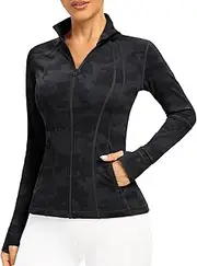 [QUEENIEKE] Women's Running Jacket Slim Fit and Cottony-Soft Handfeel Sports Tops with Full Zip Side Pocket, Black Grey Camouflage, XS