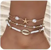 [CASOLVX] Summer Beach Anklets Shell Starfish Anklets Bohemian Layered Waterproof Accessories Adjustable Anklet for Women and Surfers