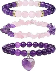 [Vinswet] Healing Crystal Beaded Bracelets for Women,Natural Amethyst Gemstones Bracelet,Anxiety Stress Relief Heart Charm Bracelet Handmade purple Jewelry Gifts for Women
