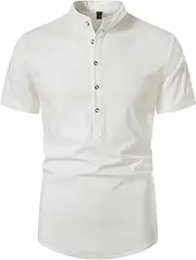 [Generic] Men's Cotton Linen Henley Shirt Short Sleeve Casual Beach T Shirts Solid Color Button Down Hippie Shirts Yoga Blouse