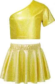 [Jugaoge] Kids Girls Jazz Hiphop Dance Outfit Cheerleading Performance Costume Metallic Shiny Crop Tops with Mini Skirt