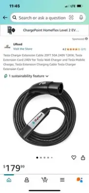 Tesla Charger Extension Cable 20Ft-50A-240V-12KW