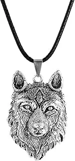 [PikaLF] Wolf Necklace for Men, Silver Metal Alloy Chain, Norse Viking Wolf Pendant Necklace, Amulet Pendant, Leather Cord