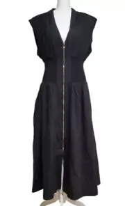 Anthropologie Black Tommie Cap Sleeve Smocked Front Zip Shirt Dress Size Medium