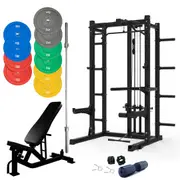 Pre Order Multifunctional Squat Rack Bundle - 150kg Colour Weight Plates, Barbell & Workout Bench