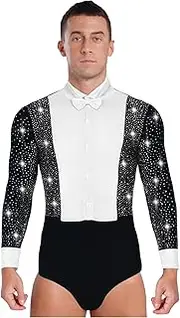 [TiaoBug] Men's Latin Rumba Shirts Casual Long Sleeve Shiny Rhinestones Color Block Salsa Modern Dance Leotard Shirt