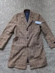 new TOMMY HILFIGER top coat FLANNEL wool blend 38S camel CHECK plaid overcoat