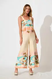 Sandcastle Jumpsuit Sleeveless in Beige with Multi Summer Print 8