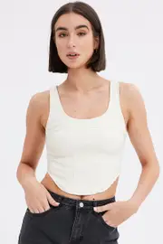 White Faux Leather Corset Sleeveless Scoop Neck Stretch - Size 14, Women's Cami