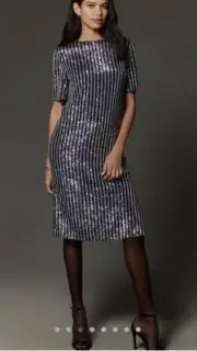 NWT new Medium Anthropologie flat white short sleeve sequin stripe Blue dress