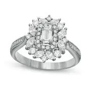 1.0 CT. T. W. Emerald-Cut Natural Diamond Flower Frame Engagement Ring in Solid 14K White Gold