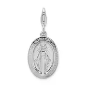 Sterling Silver Amore La Vita Rhodium-Plated Polished Miraculous Medal Charm With Fancy Lobster Clasp