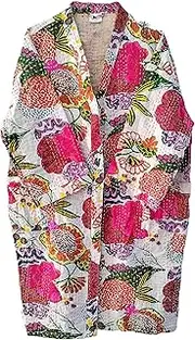 Pranipat Handicrafts Tropicana Print Women wear Handmade Comfortable Kantha Kimono Jacket Front Open Wear Mid-Length Lightweight Cotton Jacket (White), White, Medium-Large