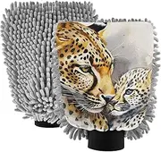 XYMZR Leopard Family Watercolor Absorbent Microfiber Car Wash Mitt, Funny Cute Anime Scratch Free for Cars Cleaning, Home Cleaning Mitts, 2 Pack, 10.24” L x 7.09” W