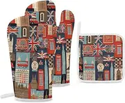 England Symbols Oven Mitts and Pot Holders 3Pcs Set Kitchen Oven Glove Potholder 500 F Heat Resistant Oven Mitts Sets Non Slip Oven Mitt Hot Pads for Cooking Baking